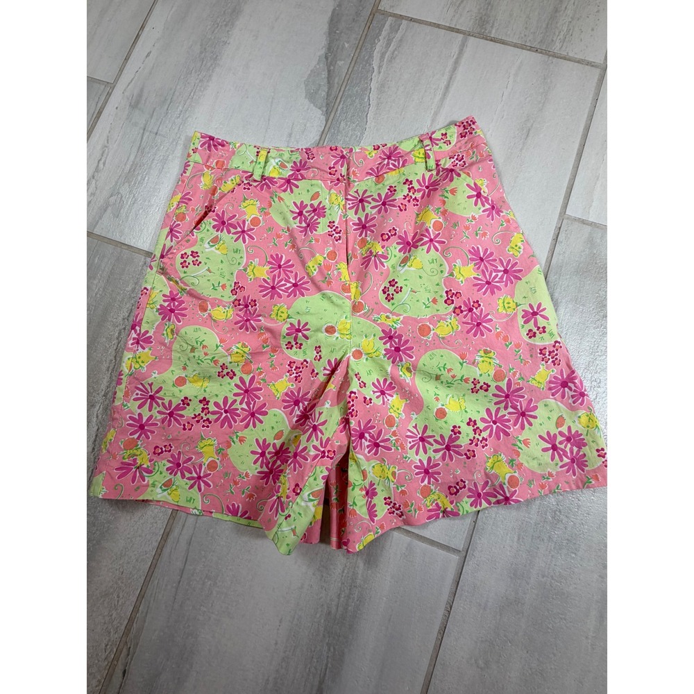 Lilly Pulitzer Pink Green Floral Mouse Print Shorts Women Size 6 Cotton Stretch
